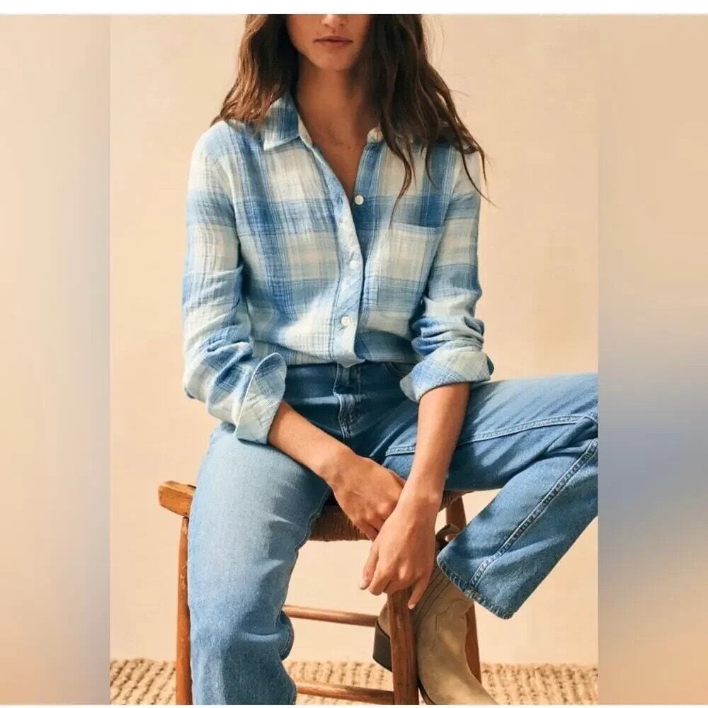 Faherty Women size S Malibu Cotton Shirt Indigo Plaid Button Up Organic Cotton